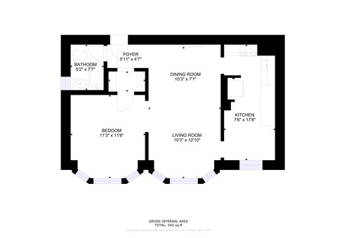 Floor plan for 1 bed, 1 bath, 542 sqft